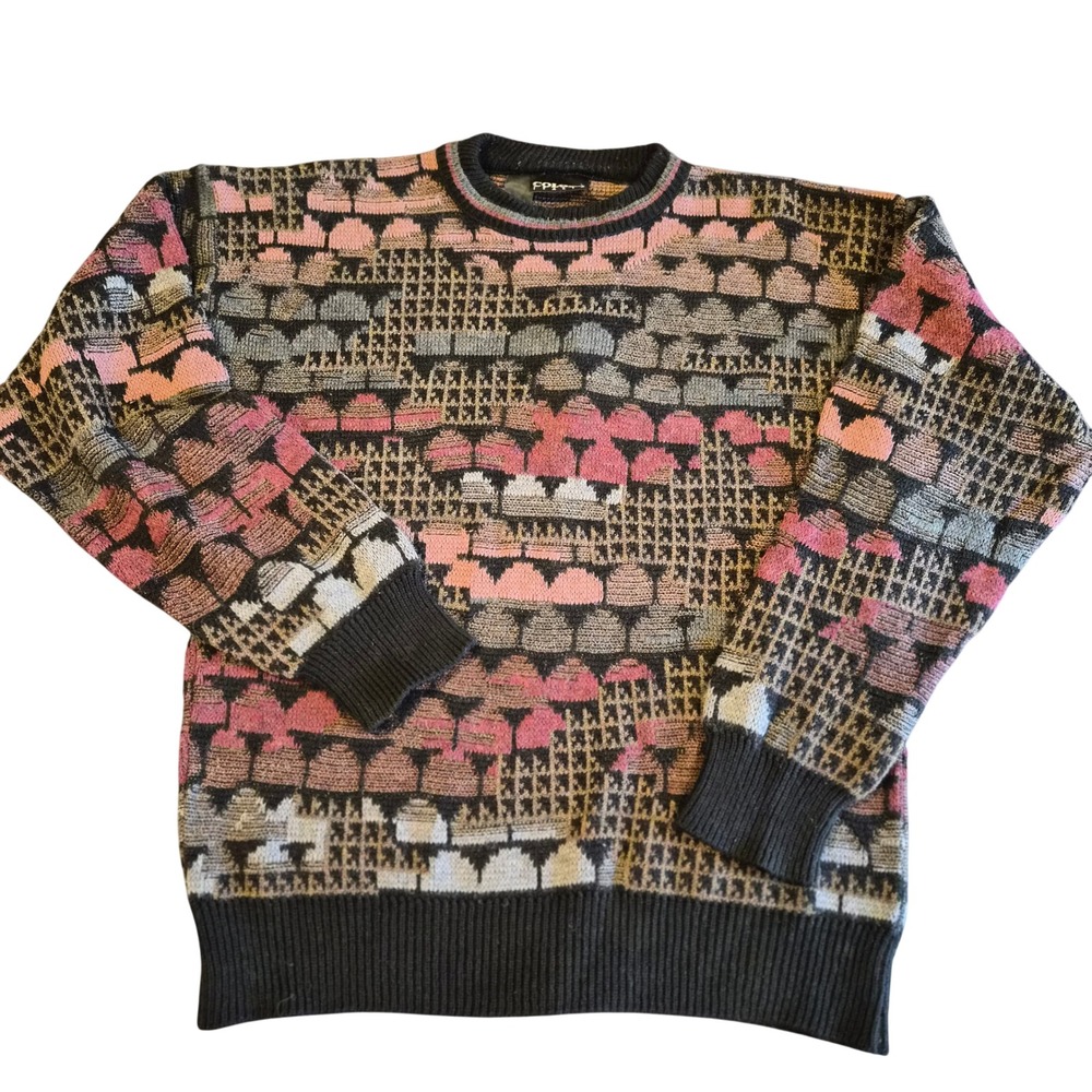 Vtg Colore Italia Abstract Geometric Knit Sweater Pink Brown Grey Black Mens XL